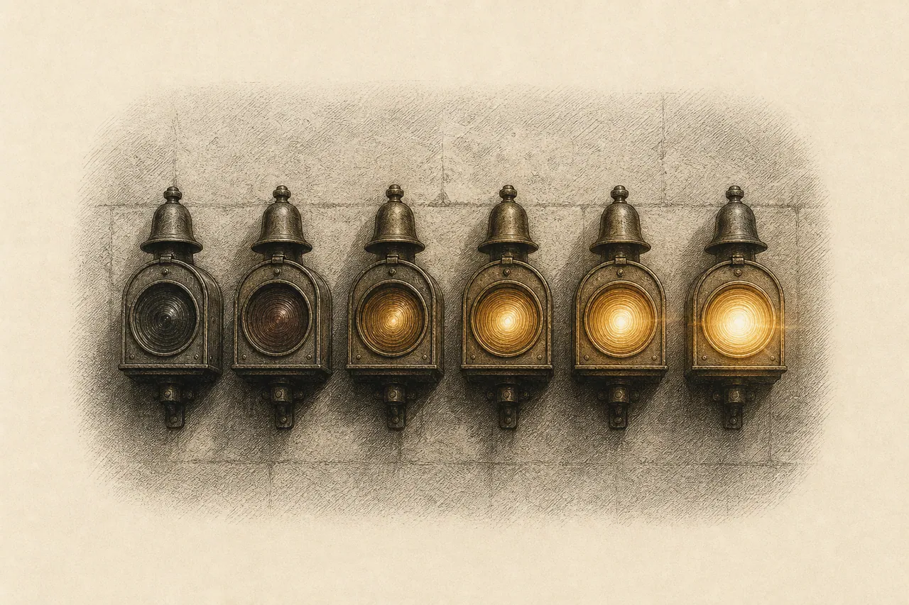 Row of warehouse warning lanterns, several already lit