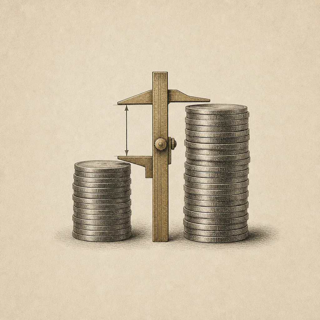 Two unequal silver-coin stacks with a caliper marking the price gap