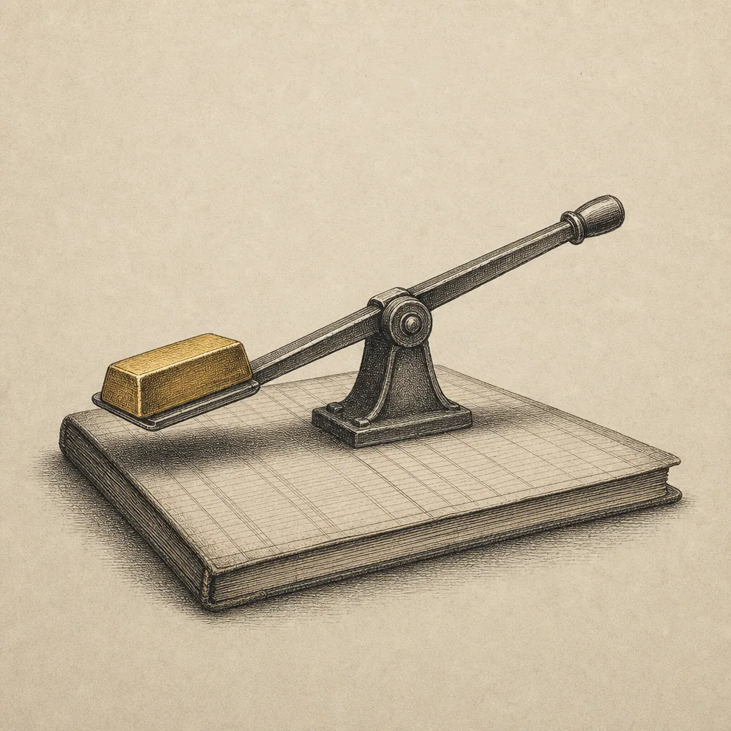 Goldbarren und Drehpunkt auf einem Ingenieurs-Hauptbuch — die Operating-Leverage-Metapher