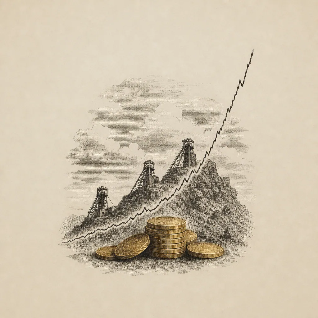 Almanach-Stil: aufsteigende Goldpreis-Kurve mit Fördergerüst-Silhouetten, die auf dem Anstieg reiten