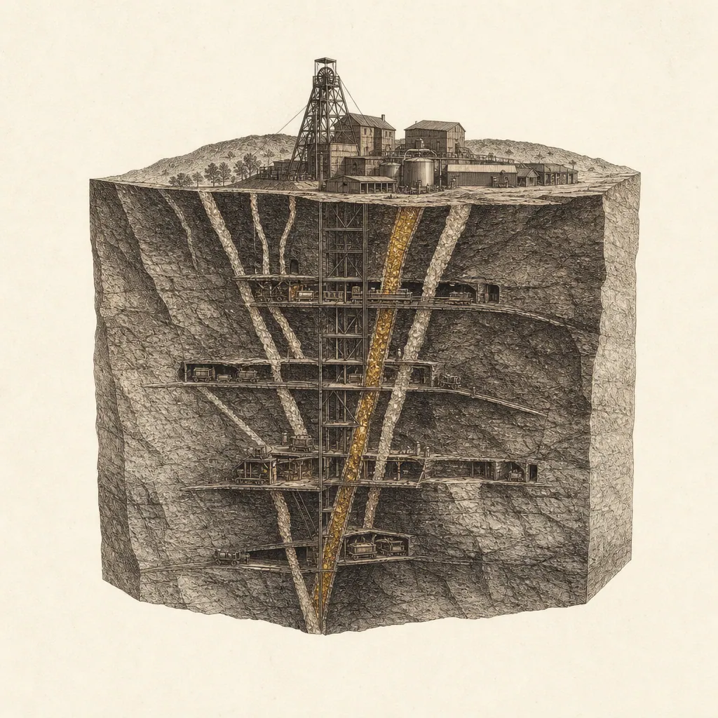 Querschnitt einer produzierenden Untertage-Schmalgang-Mine mit CIP-Anlage — der Körper, der seit 1941 arbeitet