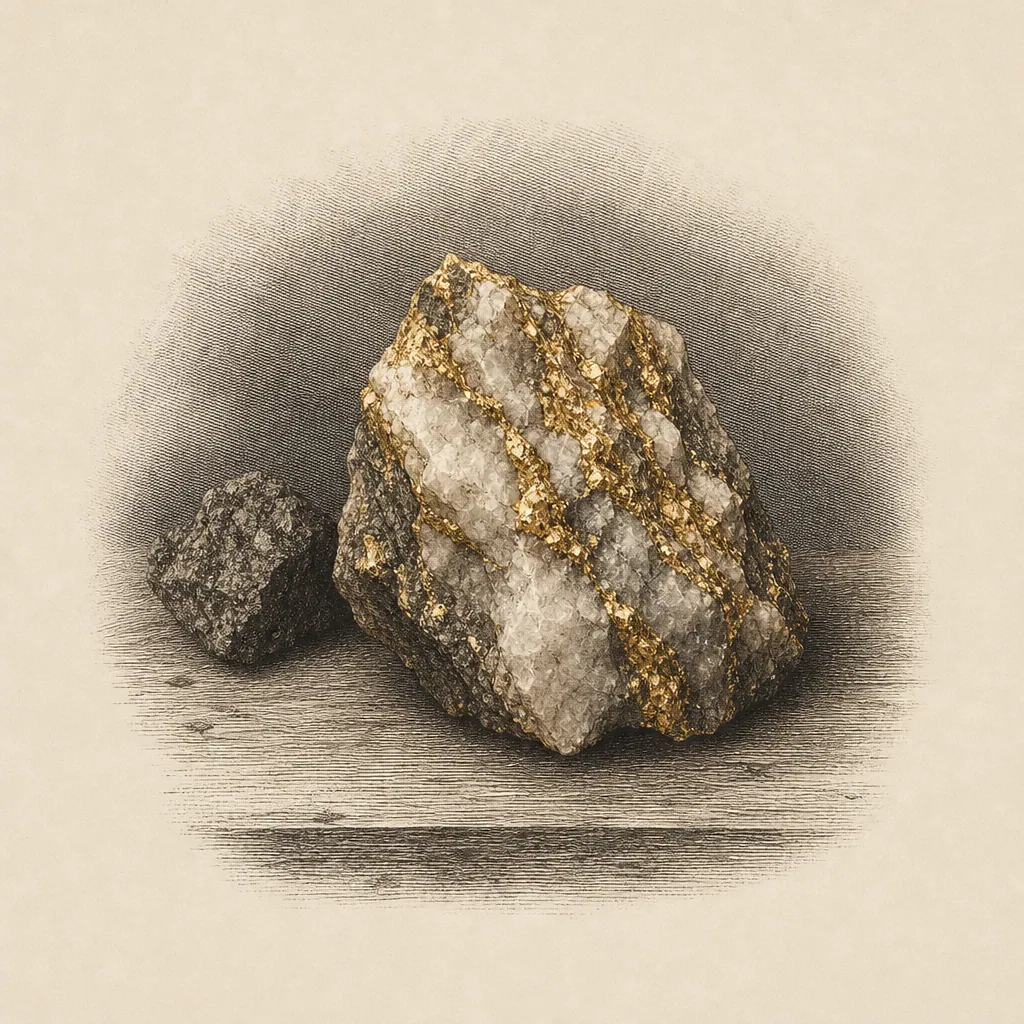 Hochgrad-Gold-durchzogenes Quarz-Exemplar auf einem Assay-Tisch — Grade als Ökonomie