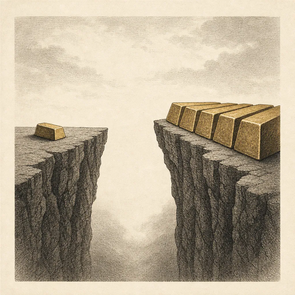Ein kleiner Goldbarren gegen eine Reihe weit größerer über einem Abgrund — die unerklärte Bewertungslücke