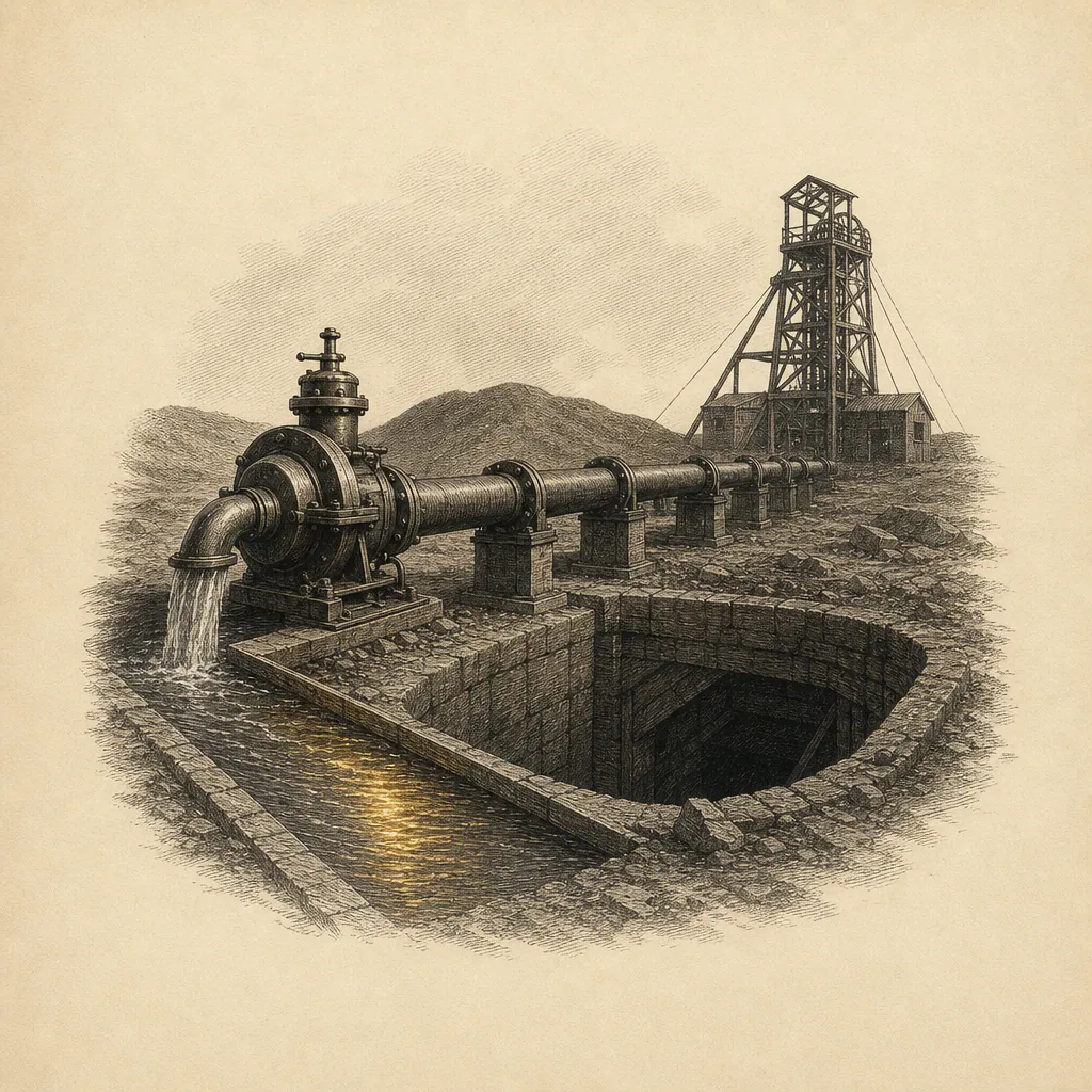 Entwässerungspumpe und Stahlrohr heben Wasser aus einem gefluteten Schacht — eine ertrunkene Mine wird trockengelegt