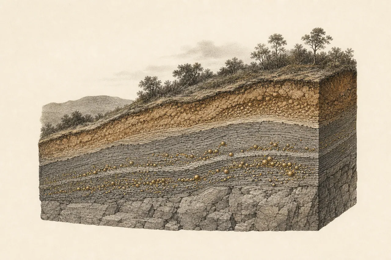 Kupferstich-Querschnitt einer Ionic-Adsorption-Clay-Lagerstätte (Saprolit) — die kostengünstigste SEE-Geologie